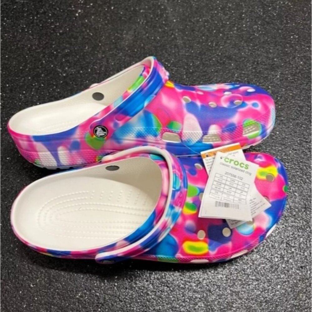 Crocs Sandals Clog Shoes Men's 13 Pink Rainbow Solarized Classic All over 122025 - Picture 2 of 9